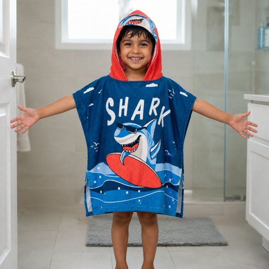 Dark Blue Shark Dive Hooded Poncho Towel for Kids | Quick-Dry, Highly Absorbent Microfiber Bath Towel