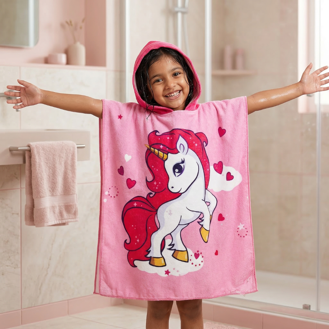 Pink Unicorn Poncho Bath Towel for Kids, 1-7 years | Quick-Drying Microfiber Kids Towel Famyo Shop WH