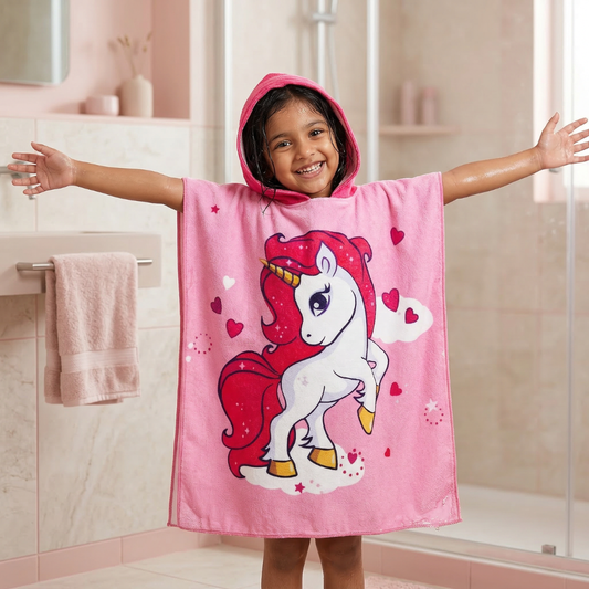 Pink Unicorn Hooded Poncho Towel for Kids | Quick-Dry, Highly Absorbent Microfiber Bath Towel