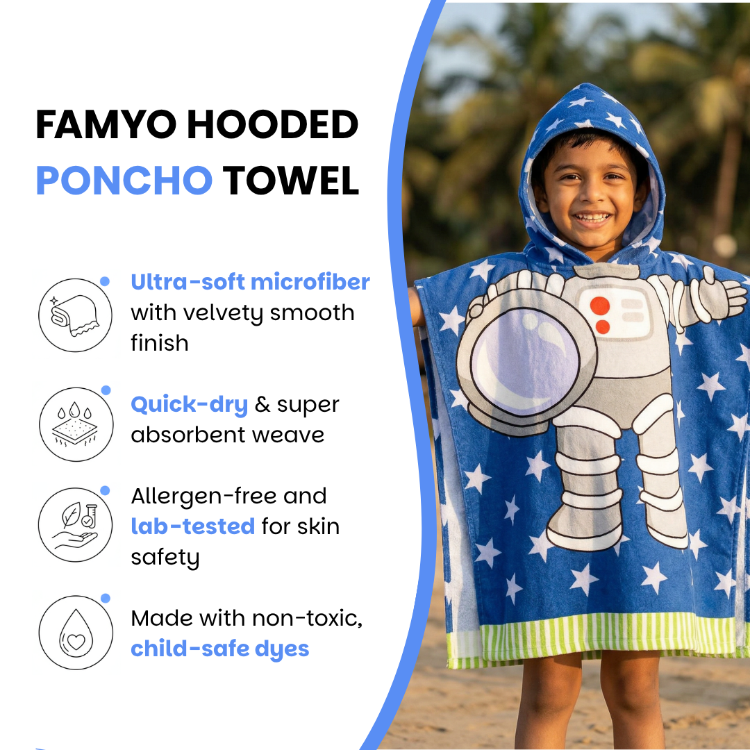 Famyo Astro Design Hooded poncho towel for kids - kids poncho towel - microfiber towel - quick-dry - lab test -  chils safe dyes