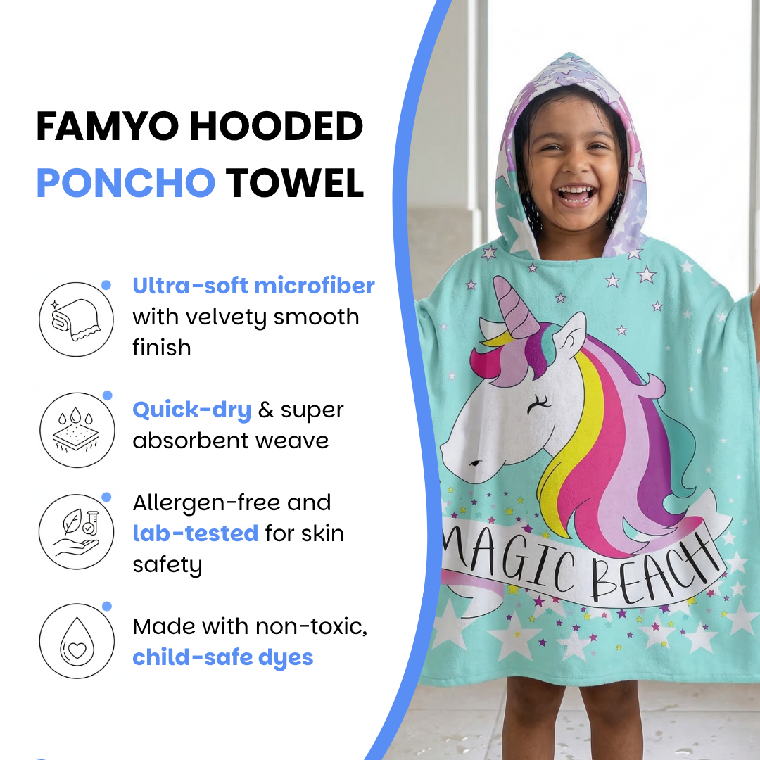 Magic Beach Pink Unicorn Poncho Towel for Kids, 1-7 years, 60 x 60cm | 100% Cotton, Skin-Friendly Microfiber Hooded Kids Bath Towel | Quick-Drying, Water Absorbing, Full-Size Bathrobe