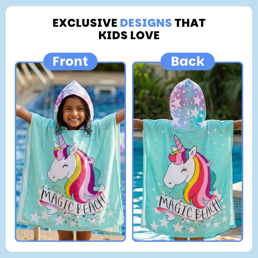 Magic Beach Pink Unicorn Poncho Towel for Kids, 1-7 years, 60 x 60cm | 100% Cotton, Skin-Friendly Microfiber Hooded Kids Bath Towel | Quick-Drying, Water Absorbing, Full-Size Bathrobe