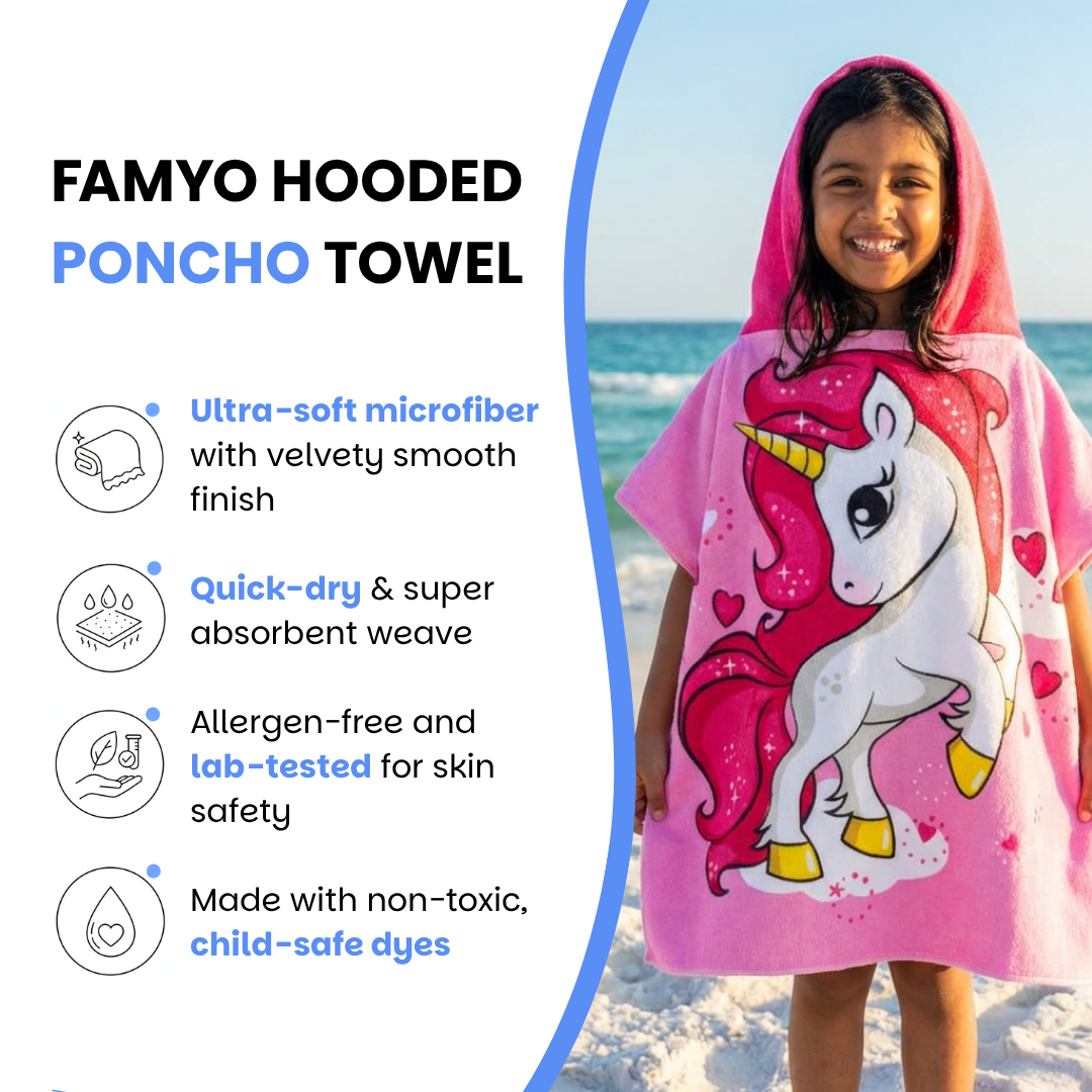 Pink Unicorn Poncho Bath Towel for Kids, 1-7 years | Quick-Drying Microfiber Kids Towel Famyo Shop WH