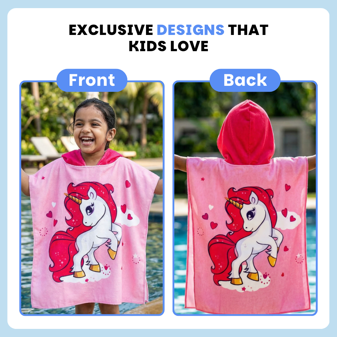 Pink Unicorn Poncho Bath Towel for Kids, 1-7 years | Quick-Drying Microfiber Kids Towel Famyo Shop WH