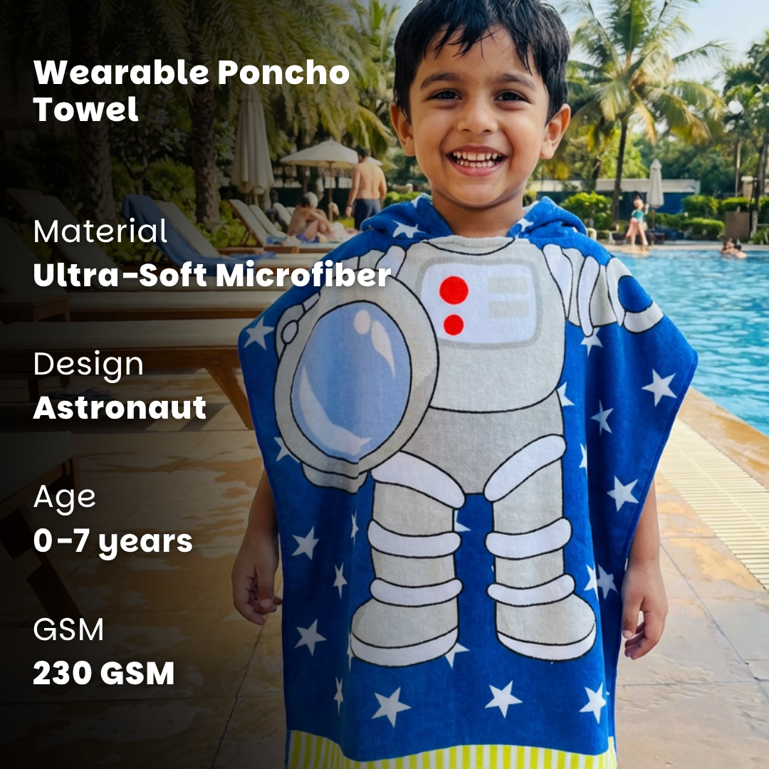 Famyo Astro Design Hooded poncho towel for kids - kids poncho towel - microfiber - astronaut print - 230 gsm