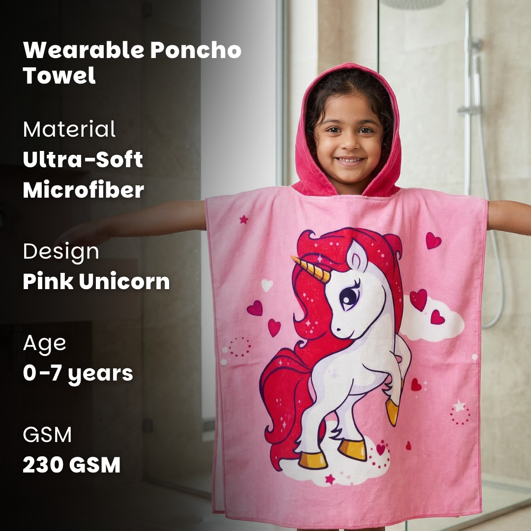 Pink Unicorn Poncho Bath Towel for Kids, 1-7 years | Quick-Drying Microfiber Kids Towel Famyo Shop WH
