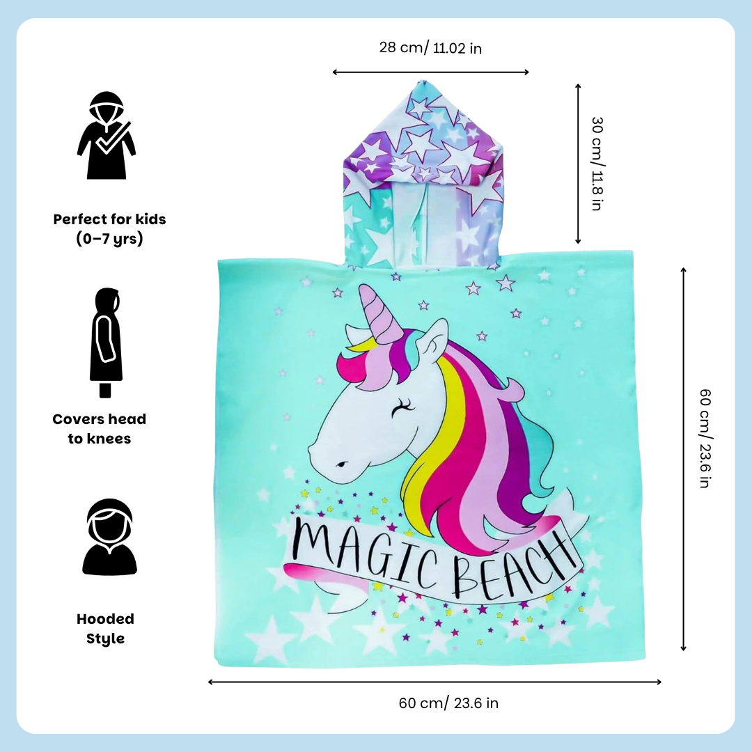 Magic Beach Pink Unicorn Poncho Towel for Kids, 1-7 years, 60 x 60cm | 100% Cotton, Skin-Friendly Microfiber Hooded Kids Bath Towel | Quick-Drying, Water Absorbing, Full-Size Bathrobe