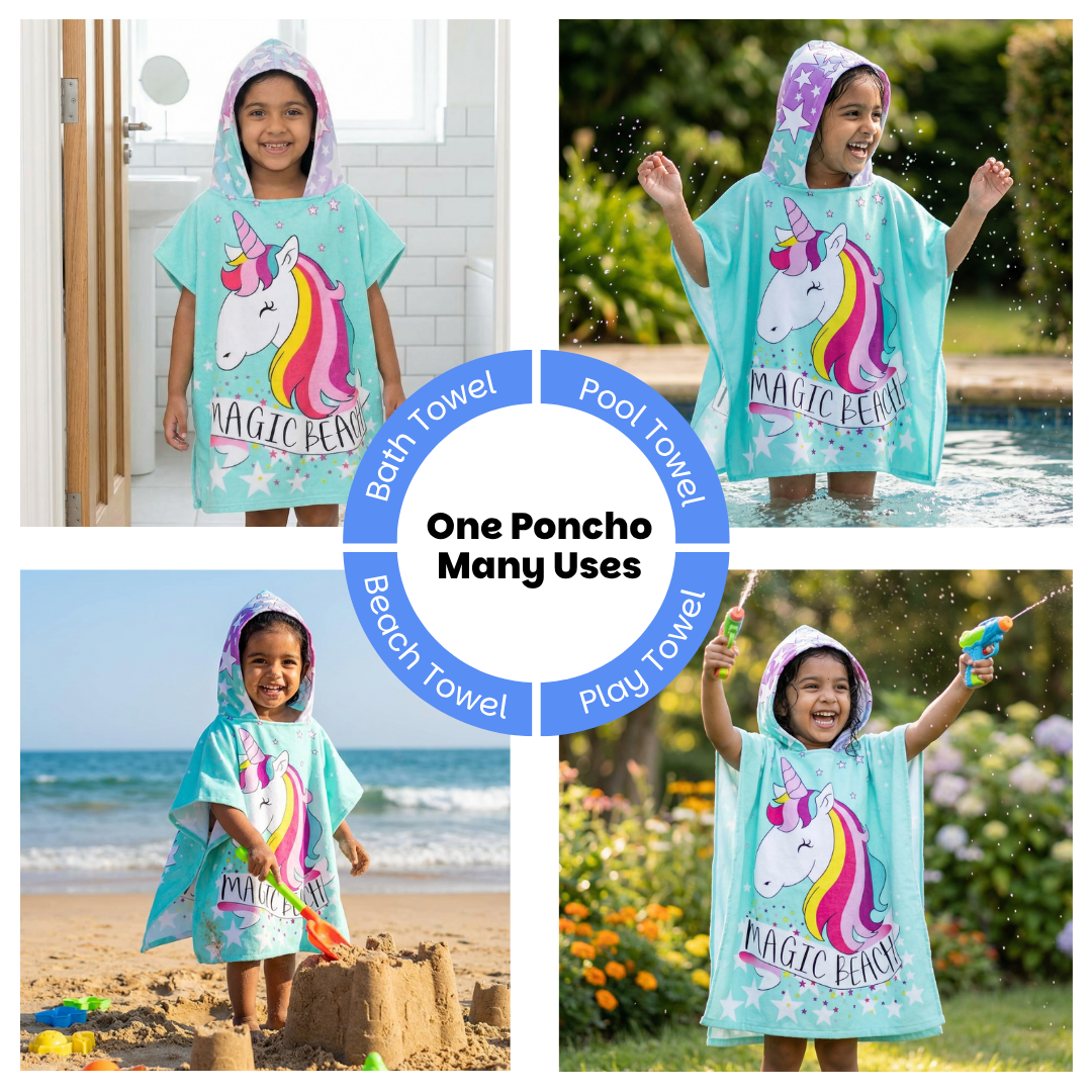 Magic Beach Pink Unicorn Poncho Towel for Kids, 1-7 years, 60 x 60cm | 100% Cotton, Skin-Friendly Microfiber Hooded Kids Bath Towel | Quick-Drying, Water Absorbing, Full-Size Bathrobe