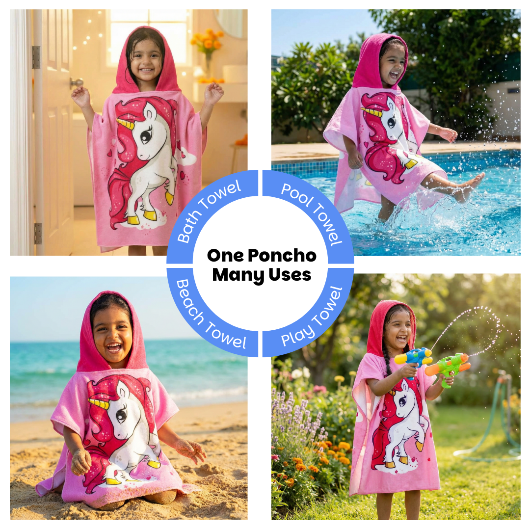 Pink Unicorn Poncho Bath Towel for Kids, 1-7 years | Quick-Drying Microfiber Kids Towel Famyo Shop WH