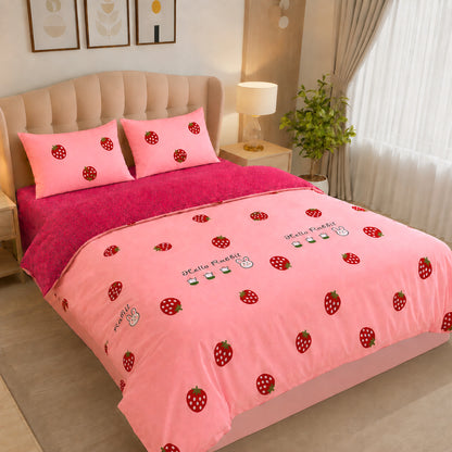 Strawberry Pink King Size AC Comforter Set | 4 & 5 Piece Options | 250 TC Cotton Fitted Bedsheet | 150 GSM Lightweight All-Season Bedding Set with Pillow Covers | Perfect for Festive Gifting