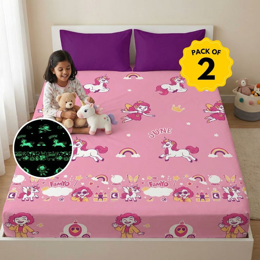Pack of 2 June the Unicorn glow bedsheet sets featuring king-size fitted bedsheets, 4 matching pillow covers, premium 300 TC cotton-blend microfiber, and safe glow-in-the-dark technology for kids.