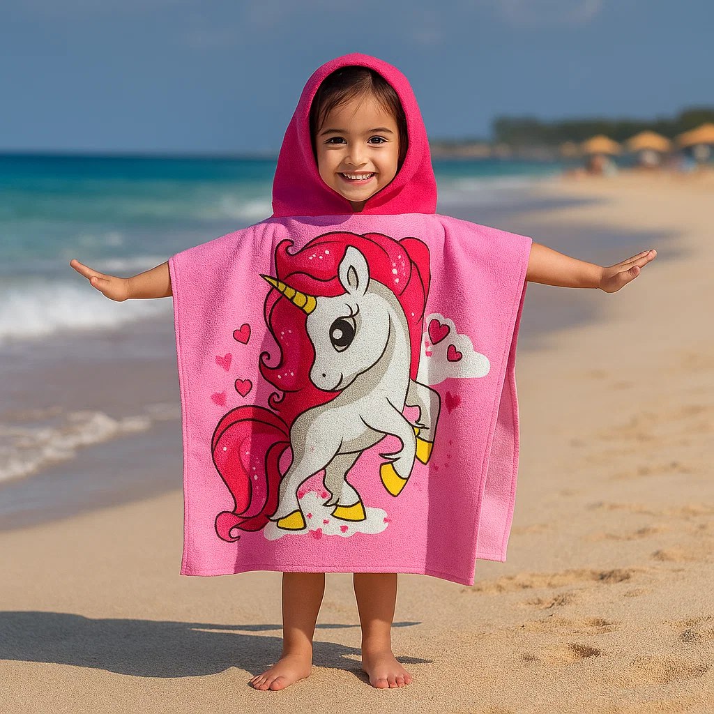 Dino & Pink Unicorn Hooded Bath Towel, Set of 2 | 100% Microfiber Poncho Towel for Kids (1-7 Years)
