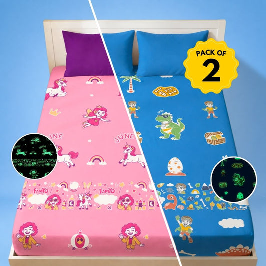 June the Unicorn and Rexy the Dino pack of 2 glow bedsheet set for kids featuring king-size fitted bedsheets, matching pillow covers, premium 300 TC cotton-blend microfiber, glow in the dark design, breathable comfort, elastic corners, and child-safe materials.