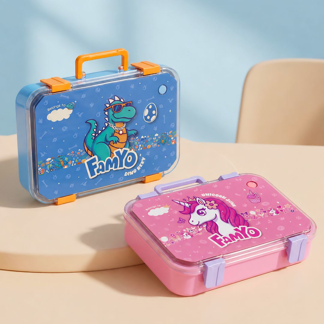 Famyo Bento lunch boxes for kids - Rexy the dinosaur and June the Unicorn designs for kids 