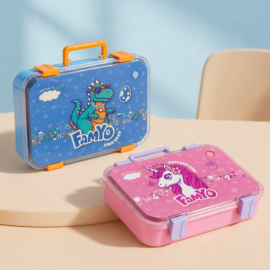 Famyo Bento lunch boxes for kids - Rexy the dinosaur and June the Unicorn designs for kids 