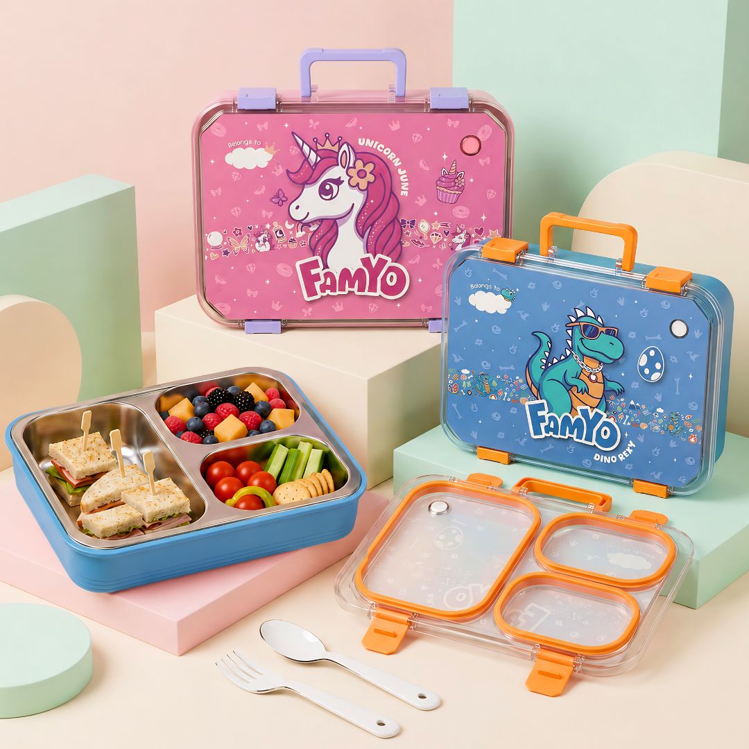 Famyo Bento lunch boxes for kids - Rexy the dinosaur and June the Unicorn designs for kids 