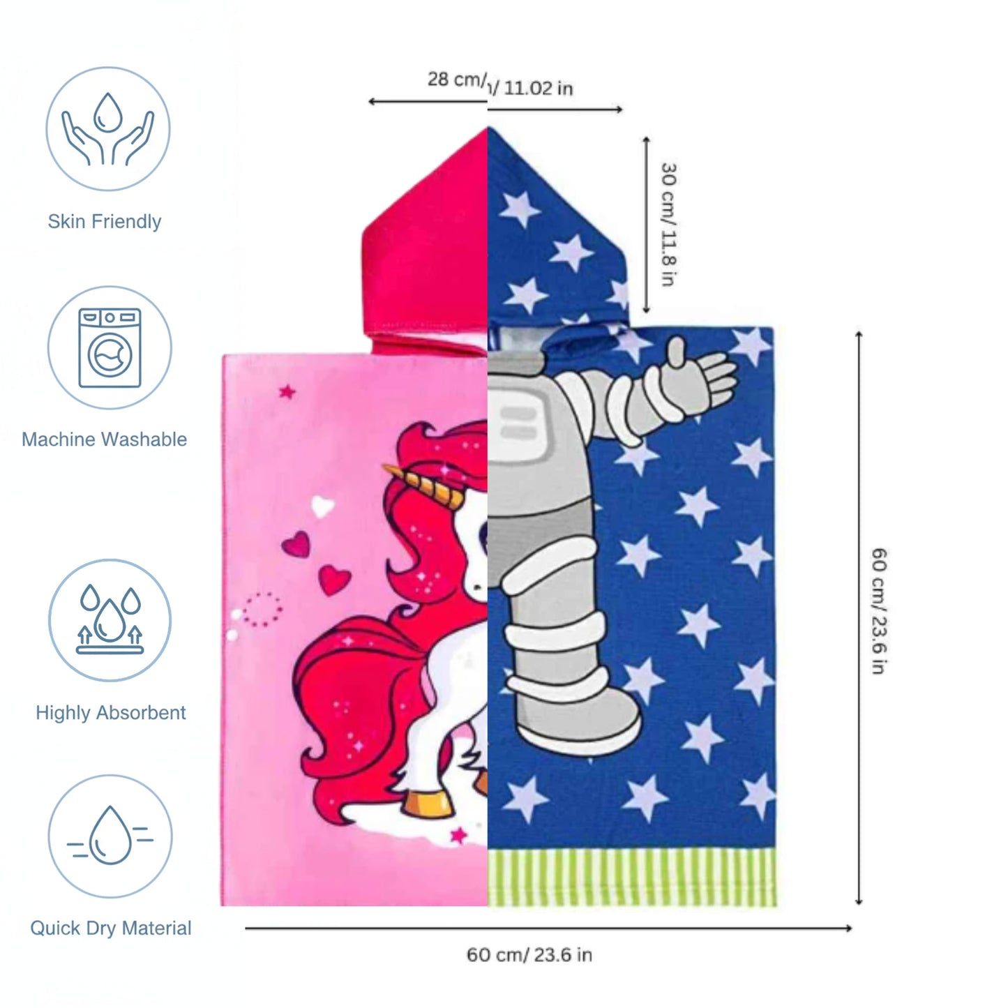 Astro & Pink Unicorn Hooded Bath Towel, Set of 2 | 100% Microfiber Poncho Towel for Kids (1-7 Years)
