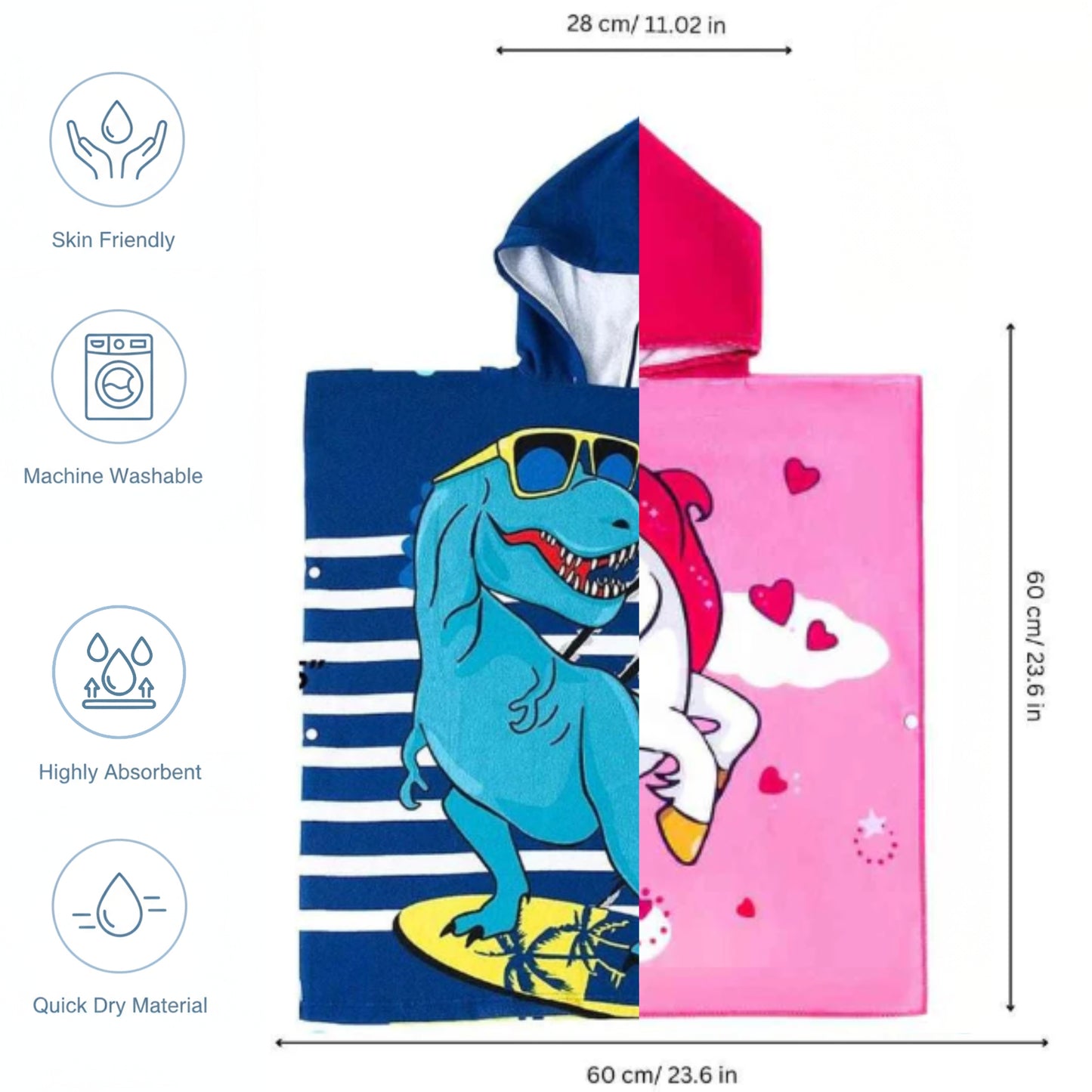 Dino & Pink Unicorn Hooded Bath Towel, Set of 2 | 100% Microfiber Poncho Towel for Kids (1-7 Years)