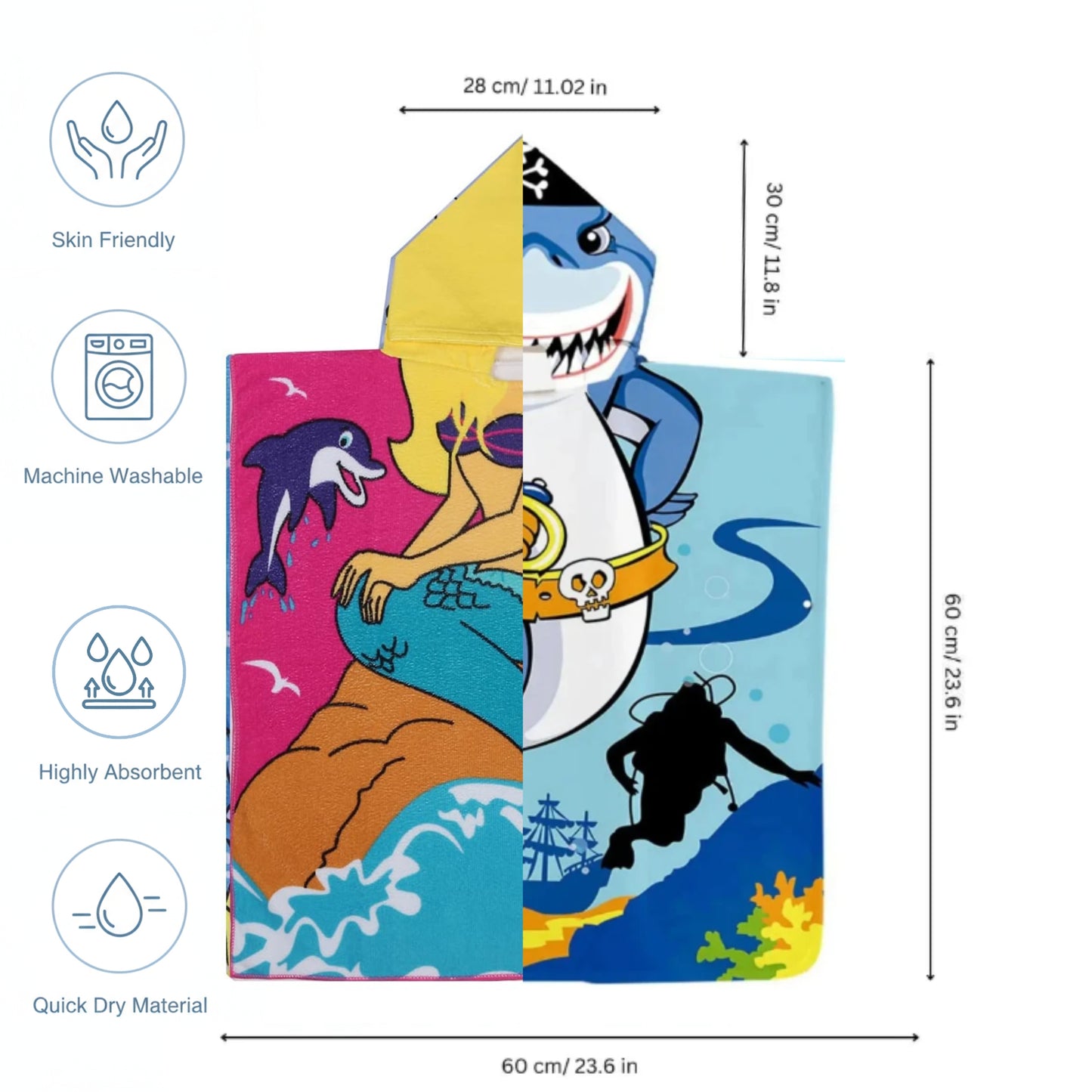 Pirate Shark & Pink Mermaid Hooded Bath Towel, Set of 2 | 100% Microfiber Poncho Towel for Kids (1-7 Years)