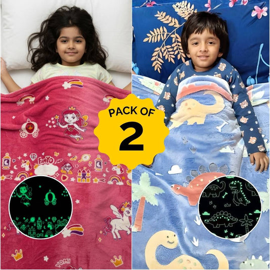 June the Unicorn & Dino Glow in the Dark Blankets for Kids | Set of 2 Soft Glow Blankets | Safe, Skin-Friendly Throw Blankets | Ages 0–15 Years