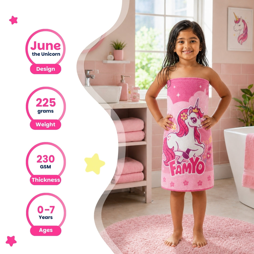 June the Unicorn kids towel featuring soft quick-dry terry fabric, lightweight absorbent design, 70 × 140 cm size, and ideal for bath, beach, pool, swimming, travel, and everyday use.
